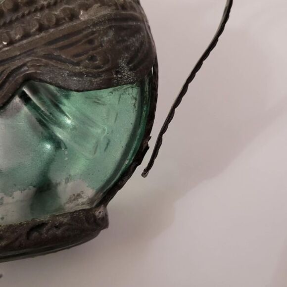 Vintage Emerald Green Glass Decanter Bottle with Ornate Aluminum Holder Teapot - Picture 4 of 9